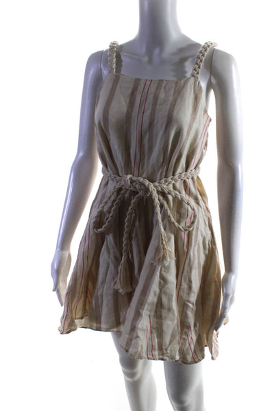 Alexis Women's Spaghetti Strap Rope Belt Flare Beige Stripe Mini Dress Size S