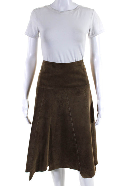 Promod Womens Asymmetrical Hem Suede Midi A Line Skirt Brown Size IT 40