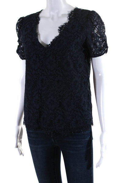 Joie Womens Floral Lace V Neck Short Sleeve Top Blouse Navy Blue Size XS