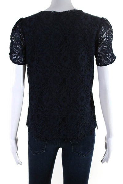 Joie Womens Floral Lace V Neck Short Sleeve Top Blouse Navy Blue Size XS