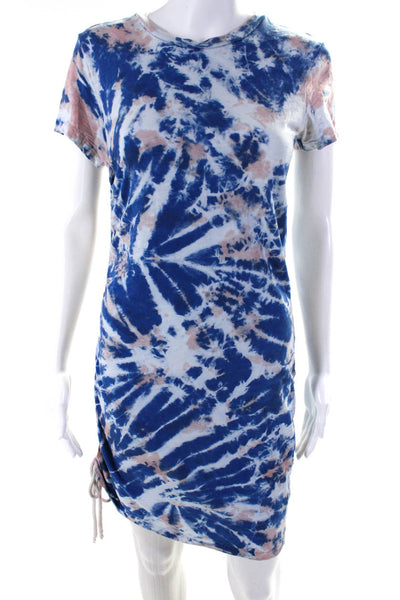 Pam & Gela Womens Cotton Short Sleeve Tie-Dye Gathered T-shirt Dress Blue Size S