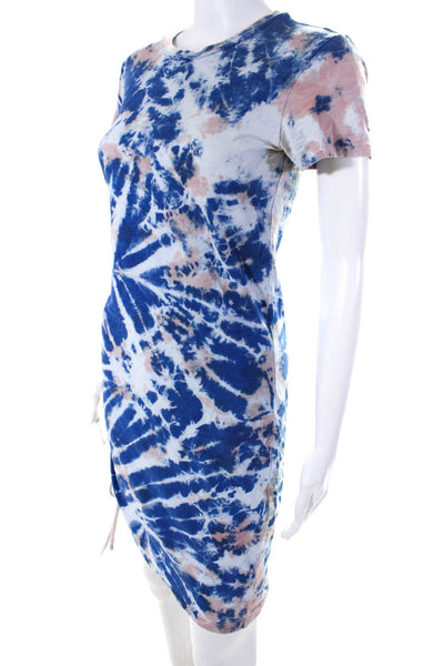 Pam & Gela Womens Cotton Short Sleeve Tie-Dye Gathered T-shirt Dress Blue Size S