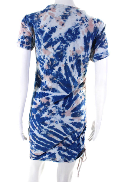 Pam & Gela Womens Cotton Short Sleeve Tie-Dye Gathered T-shirt Dress Blue Size S