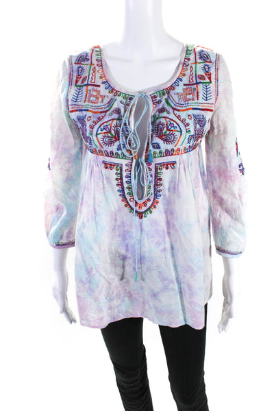 Calypso Saint Barth Womens 3/4 Sleeve Embroidered Tie Dyed Top Pink Blue Size 0