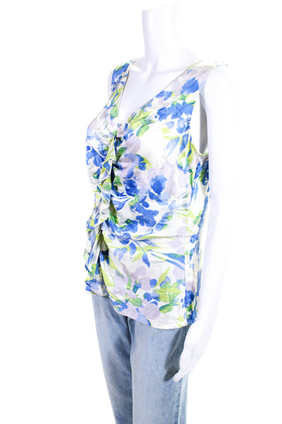 St. John Womens Blue Silk Floral Print Ruffle V-neck Sleeveless Blouse Top Size8