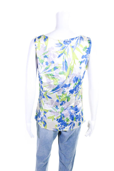 St. John Womens Blue Silk Floral Print Ruffle V-neck Sleeveless Blouse Top Size8