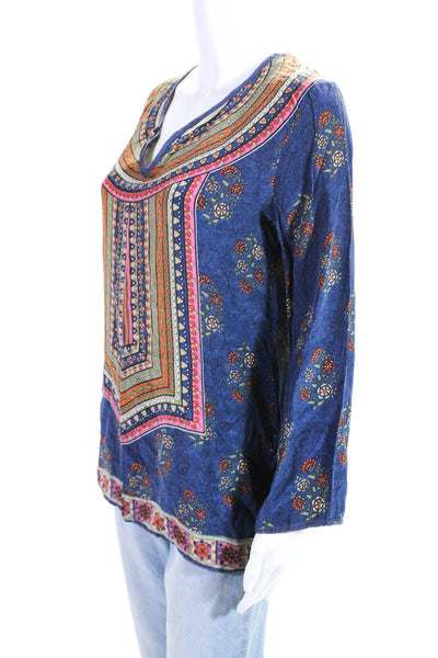 Tolani Womens Blue Silk Floral Print V-Neck Long Sleeve Blouse Top Size S