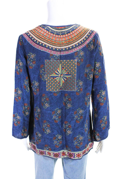 Tolani Womens Blue Silk Floral Print V-Neck Long Sleeve Blouse Top Size S