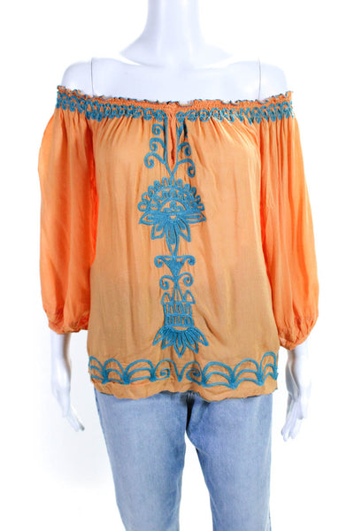 Poupette St. Barth Womens Orange Embroidered 3/4 Sleeve Blouse Top Size S