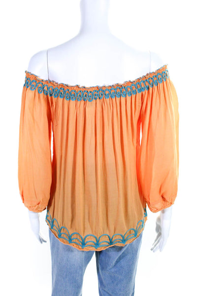 Poupette St. Barth Womens Orange Embroidered 3/4 Sleeve Blouse Top Size S