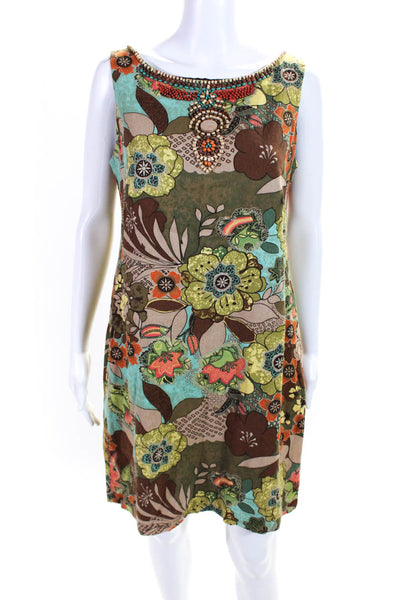 Signature By Robbie Bee Womens Brown Floral Linen Beaded Shift Dress Size 8