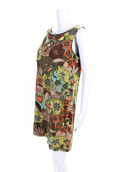 Signature By Robbie Bee Womens Brown Floral Linen Beaded Shift Dress Size 8