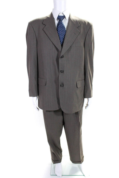Tom James Mens Brown Wool Pinstriped Blazer Pants Suit Set Size 44