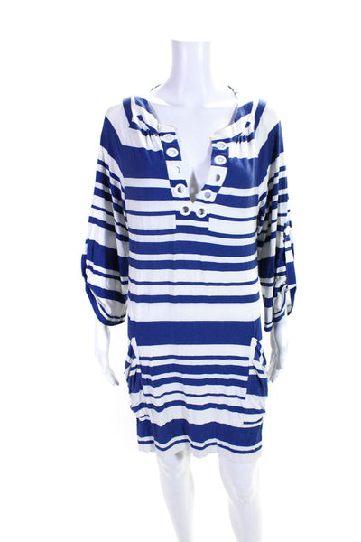 Nanette Lepore Womens 3/4 Sleeve V Neck Striped Shirt Dress Blue White Medium