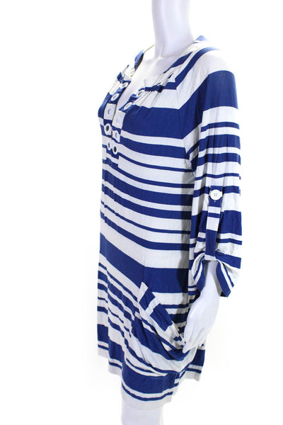 Nanette Lepore Womens 3/4 Sleeve V Neck Striped Shirt Dress Blue White Medium