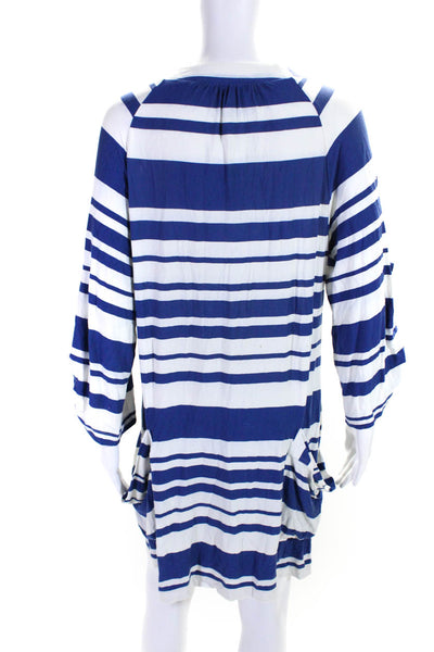 Nanette Lepore Womens 3/4 Sleeve V Neck Striped Shirt Dress Blue White Medium