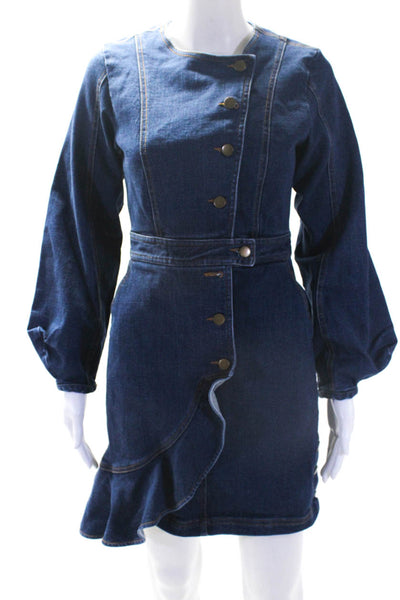 AMUR Women's Round Neck Long Sleeves Medium Wash Ruffle Button Mini Dress Size 6