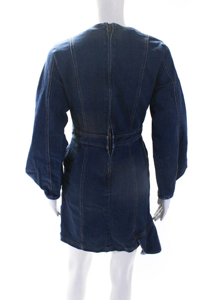 AMUR Women's Round Neck Long Sleeves Medium Wash Ruffle Button Mini Dress Size 6