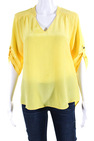 Amanda Uprichard Womens Short Sleeve V Neck Silk Boxy Shirt Yellow Size Medium