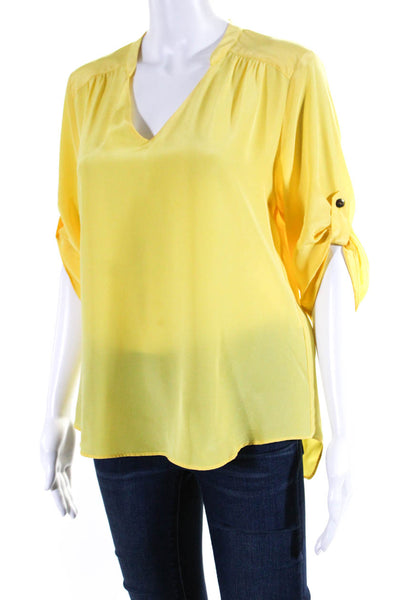 Amanda Uprichard Womens Short Sleeve V Neck Silk Boxy Shirt Yellow Size Medium