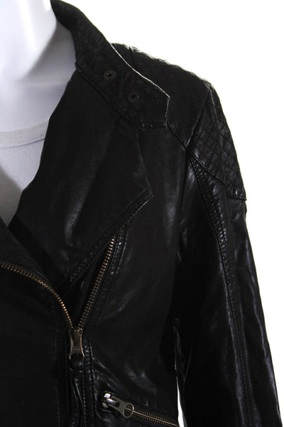 Free People Womens Front Zip Quilted Trim Faux Leather Jacket Black Size 8