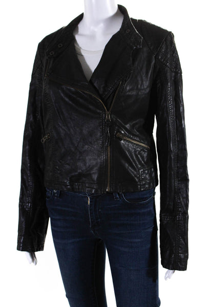 Free People Womens Front Zip Quilted Trim Faux Leather Jacket Black Size 8