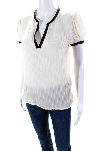 Andrew Gn Womens Short Sleeve V Neck Sheer Silk Top White Black Size Small