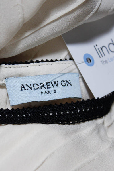 Andrew Gn Womens Short Sleeve V Neck Sheer Silk Top White Black Size Small