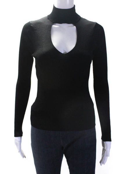 360 Sweater Womens Ribbed Knit Cut Out Mock Neck Long Sleeve Top Black Size S