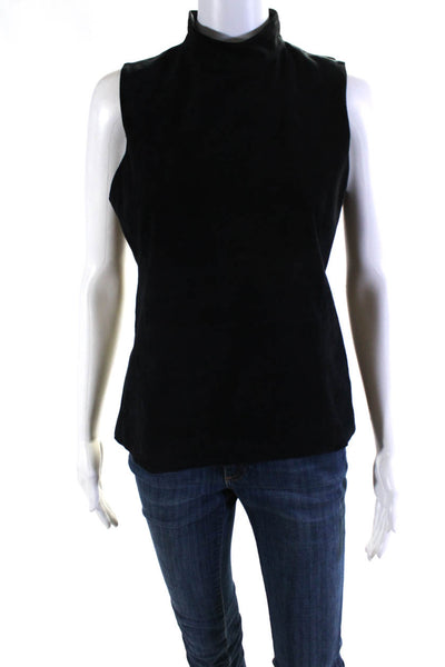 Theory Womens Suede Sleeveless Back Zip Mock Neck Tank Blouse Navy Blue Size M