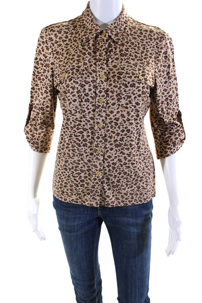 J. Mclaughlin Womens Silk Animal Print Buttoned Collared Blouse Brown Size XS