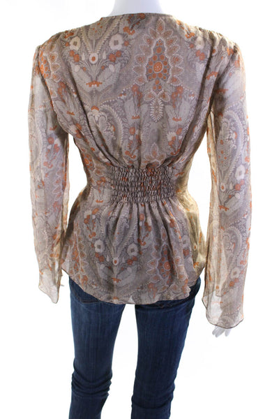Searle Womens Floral Print Smocked Long Bell Sleeve V-Neck Blouse Brown Size 6