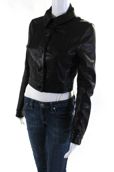 Cusp By Neiman Marcus Womens Leather Buttoned Collared Crop Jacket Black Size S