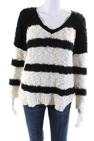 Free People Womens White Black Striped Textured Pullover Sweater Top Size S