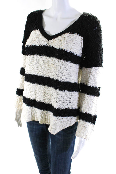 Free People Womens White Black Striped Textured Pullover Sweater Top Size S