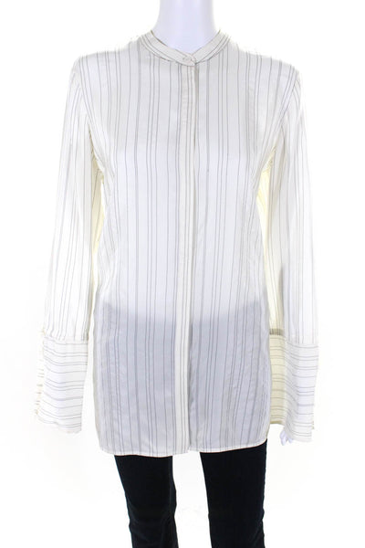 Lafayette 148 New York Womens Striped Print Button Down Top Ivory White Size L