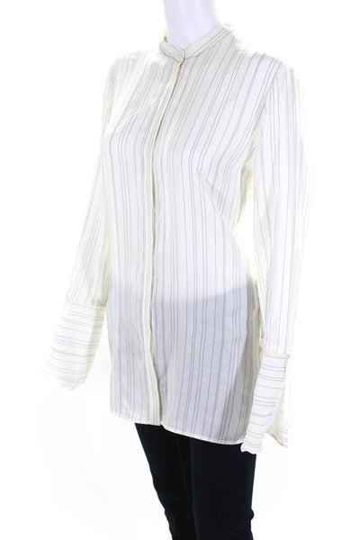 Lafayette 148 New York Womens Striped Print Button Down Top Ivory White Size L