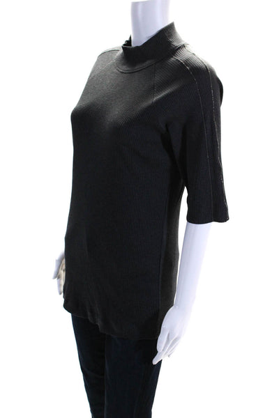 Brunello Cucinelli Womens Gray High Neck Short Sleeve Knit Blouse Top Size XL
