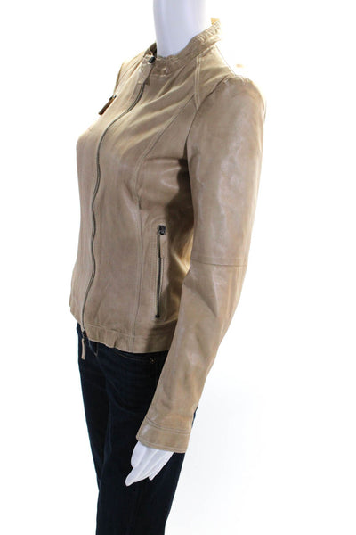 GMS-75 Womens Leather Darted Zipped Round Neck Long Sleeve Jacket Beige Size S