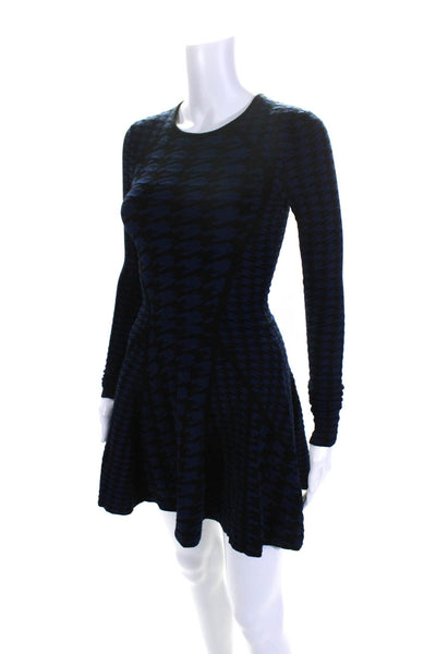 Torn by Ronny Kobo Womens Long Sleeve Houndstooth A Line Dress Black Blue XS