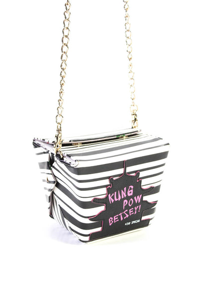 Betsey Johnson Womens Striped Kung Bow Betsey Box Handbag Black White Leather