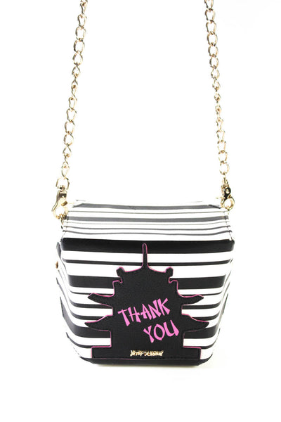 Betsey Johnson Womens Striped Kung Bow Betsey Box Handbag Black White Leather