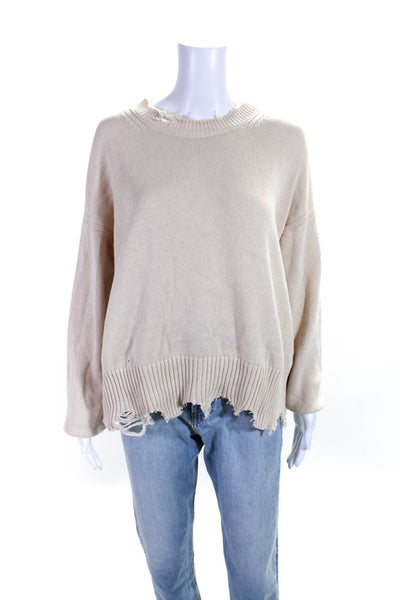 525 Women's Cotton Long Sleeve Distressed Knit Pullover Sweater Beige Size S