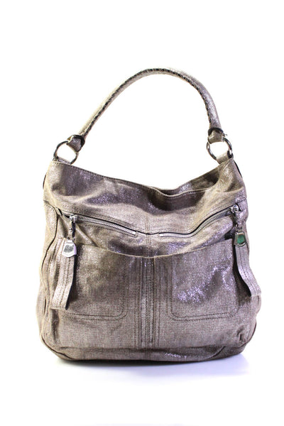 B Makowsky Womens Glitter Leather Pocket Shoulder Handbag Beige Silver Tone