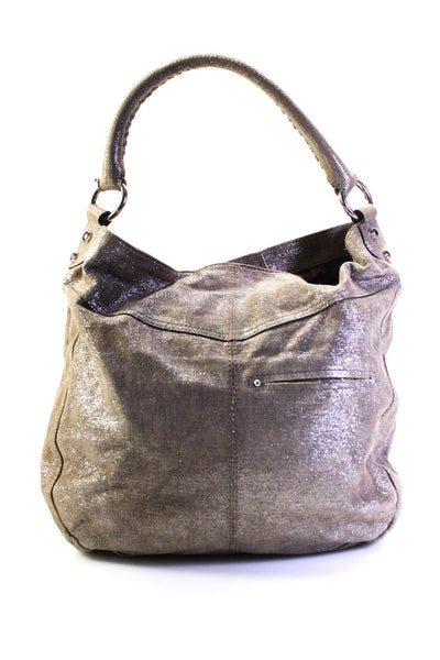B Makowsky Womens Glitter Leather Pocket Shoulder Handbag Beige Silver Tone