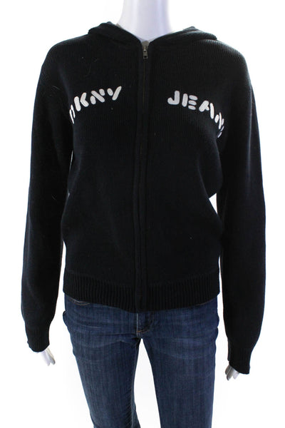 DKNY Jeans Womens Dark Navy Cotton Ribbed Full Zip Long Sleeve Hoodie Size M