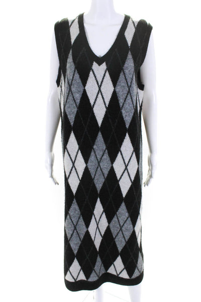 Zara Womens Sleeveless V Neck Argyle Sweater Dress Black Gray Size Large