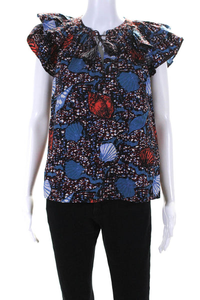 Ulla Johnson Womens Red Blue Shell Print Short Sleeve Cotton Blouse Top Size 2