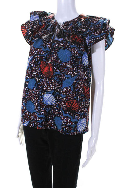 Ulla Johnson Womens Red Blue Shell Print Short Sleeve Cotton Blouse Top Size 2