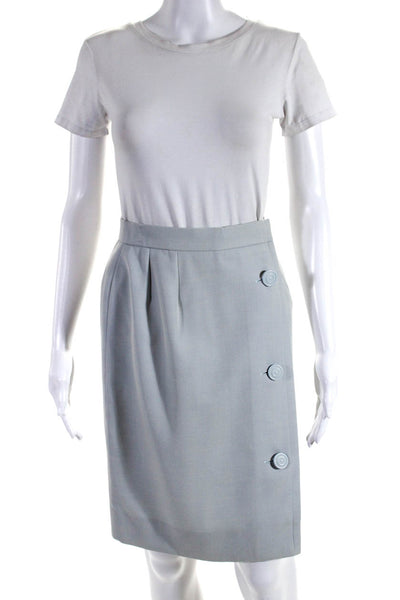 Couture Givenchy Womens Wool Buttoned Wrapped Straight Skirt Sky Blue Size EUR38